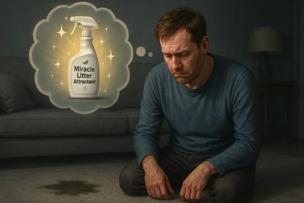 Owner, upset by soiled carpet, imagines 'Miracle Litter Attractant' as a gleaming, hopeful fix.