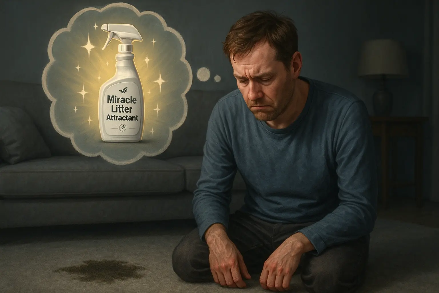 Owner, upset by soiled carpet, imagines &#x27;Miracle Litter Attractant&#x27; as a gleaming, hopeful fix.