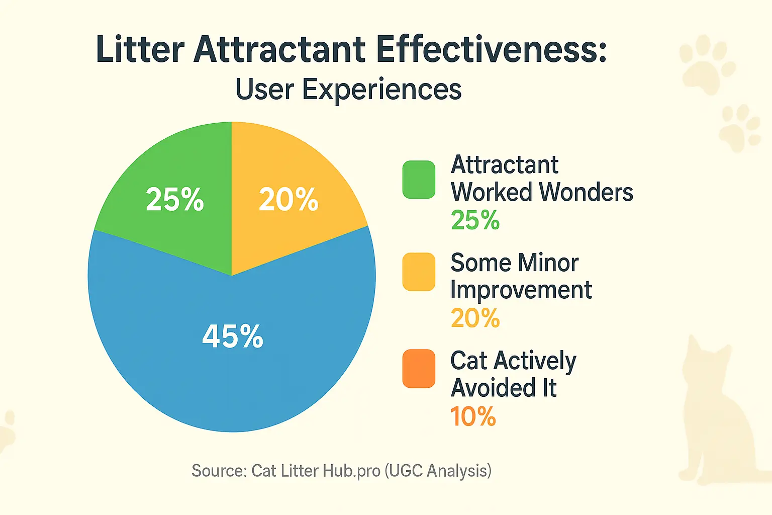 UGC analysis chart: Litter attractant effectiveness, showing user experience split from &#x27;worked wonders&#x27; to &#x27;cat avoided&#x27;.