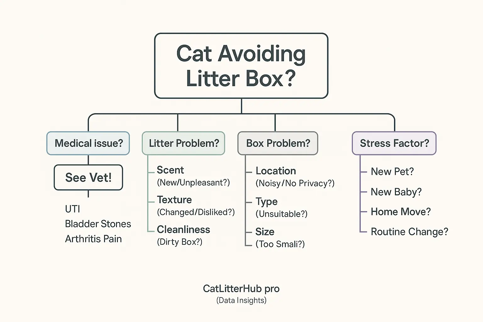 Diagnostic flowchart for cat litter box avoidance: medical, litter, box, or stress causes.