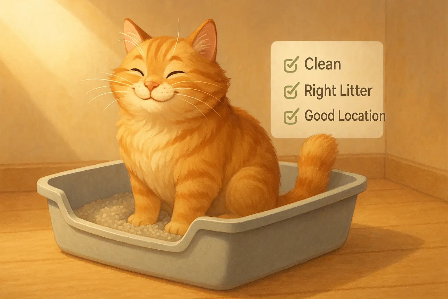 Happy cat in ideal litter box: clean, spacious, open, sunny. Checklist confirms: Clean ✓, Right Litter ✓, Good Location ✓.