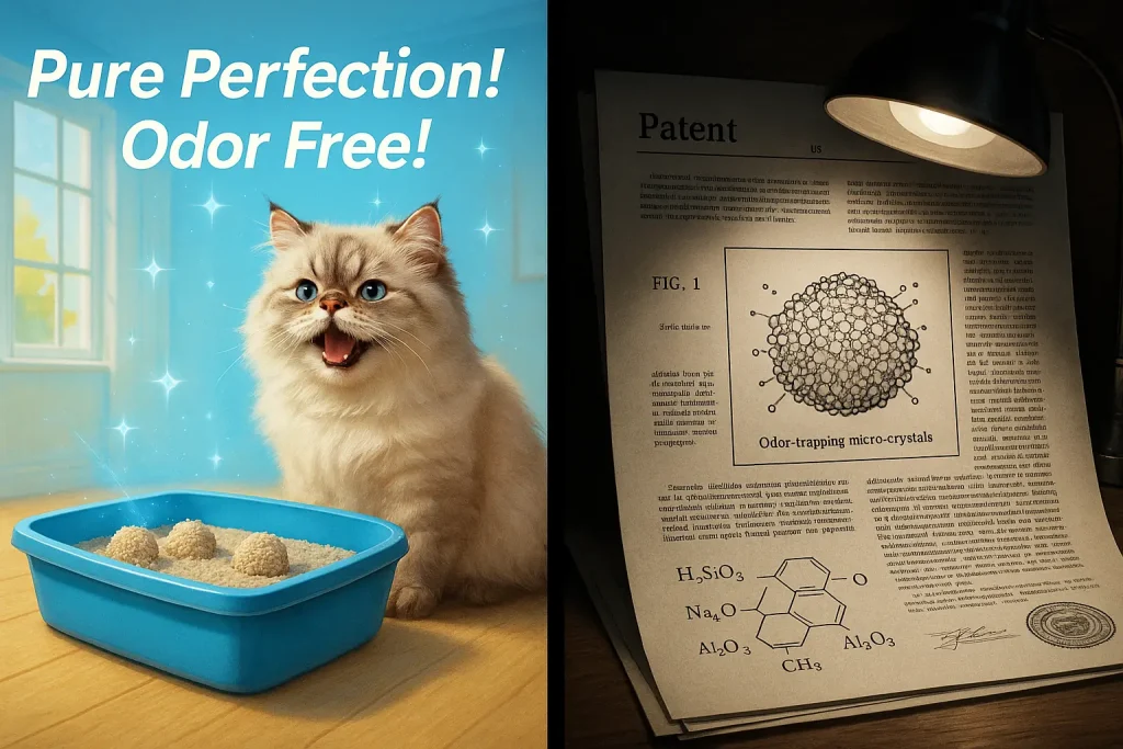 Split view: glossy cat litter ad with happy cat contrasts with complex, intimidating fine print.