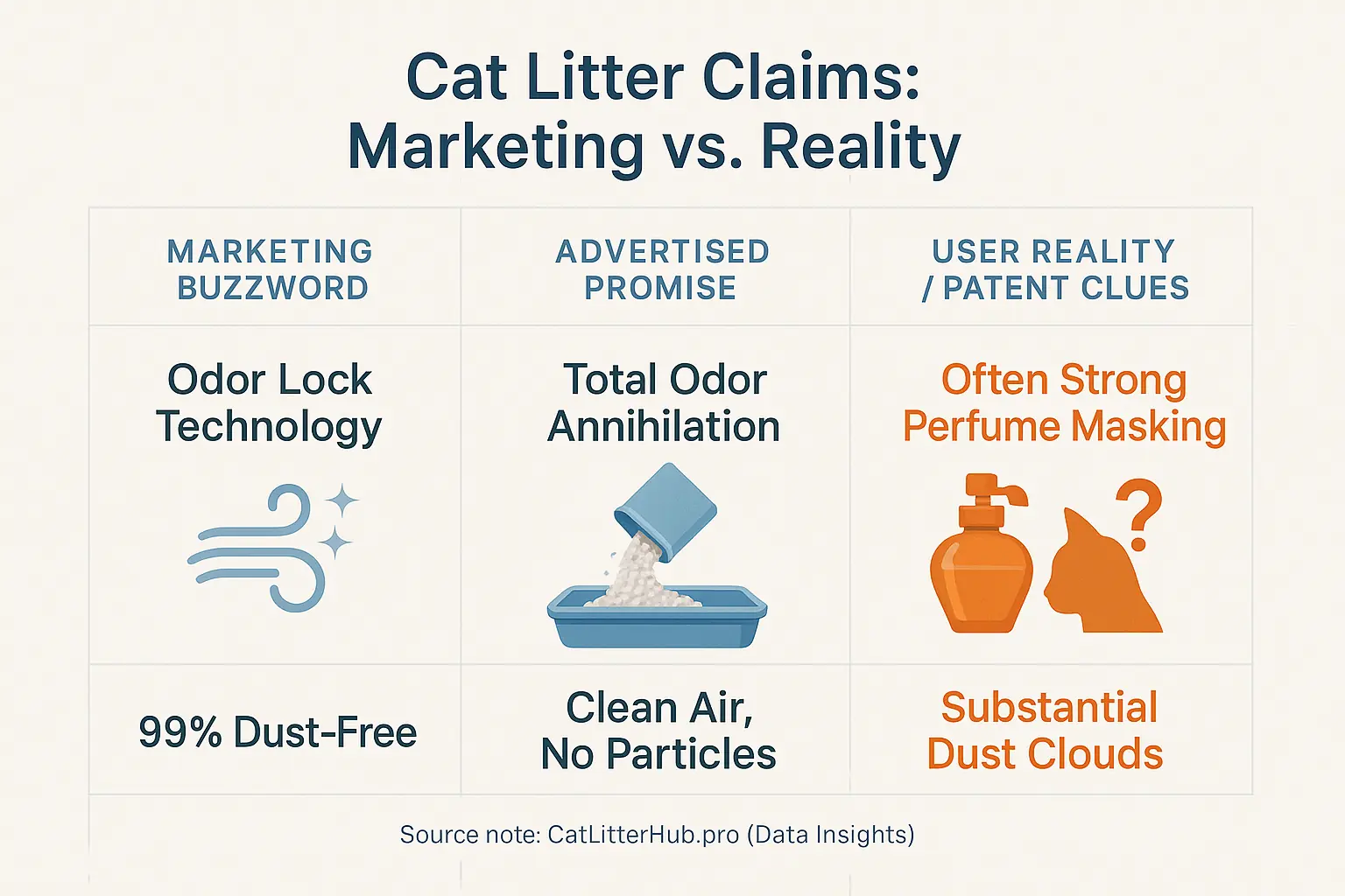 Infographic: Three columns contrast 'Odor Lock' marketing (fresh air icon) with user reality/speculation (questioning icon).