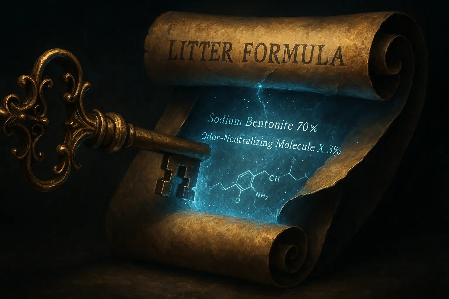 Antique key unlocks 'PATENT SECRET' document, revealing glowing text and formulas.