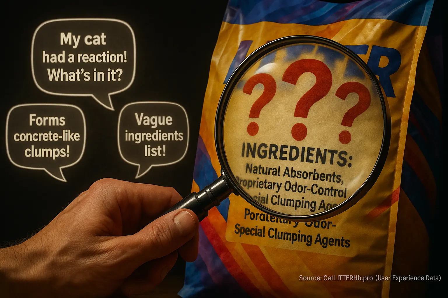 Magnifying glass on cat litter ingredients (blurred, with question marks); speech bubbles with user reviews provide clarity.