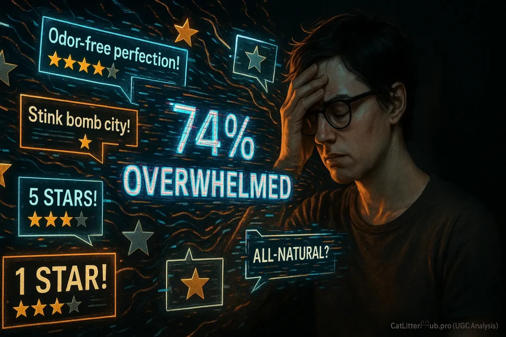 Overwhelmed cat owner in a chaotic storm of cat litter reviews and stars, making it hard to find truth.