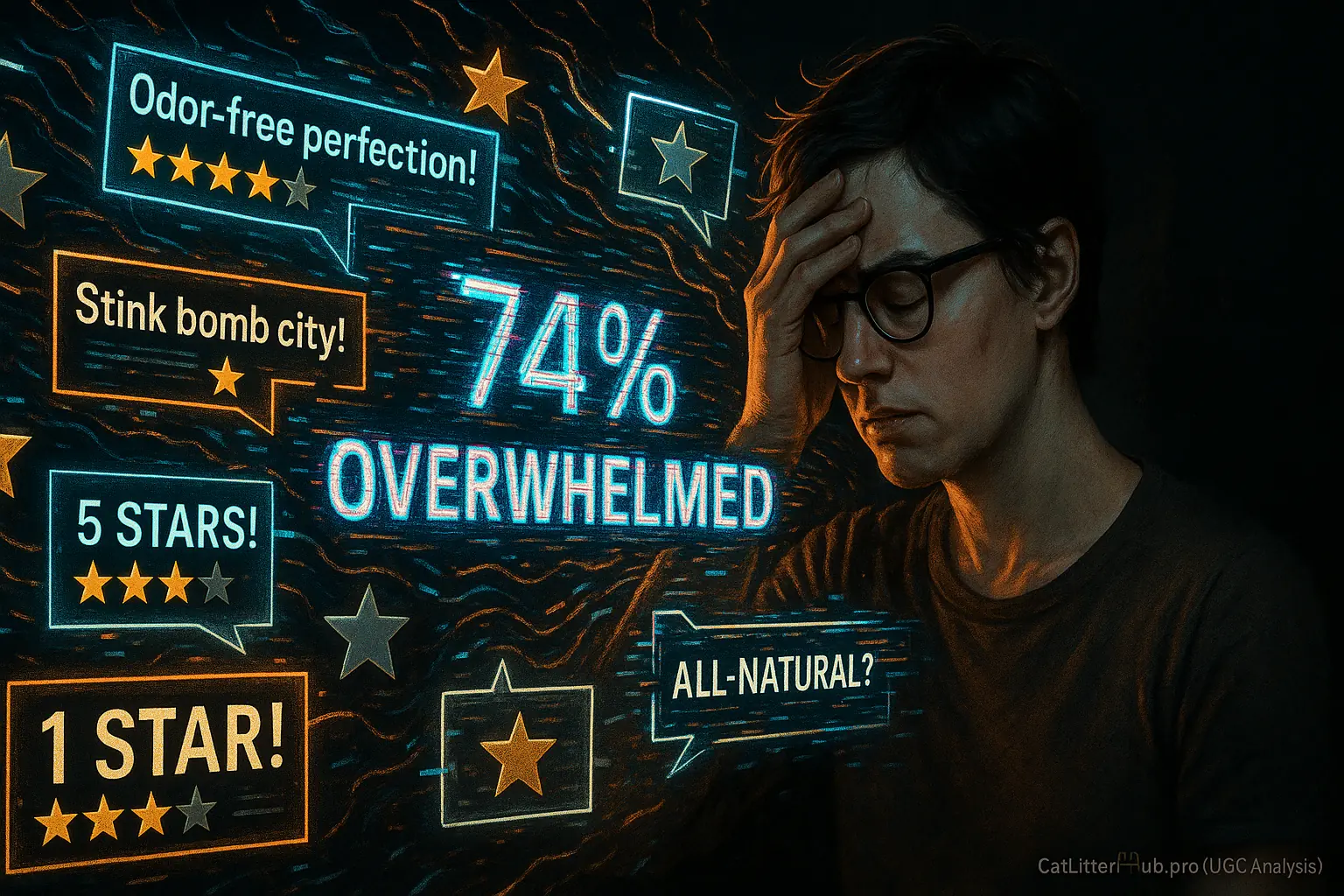 Overwhelmed cat owner in a chaotic storm of cat litter reviews and stars, making it hard to find truth.