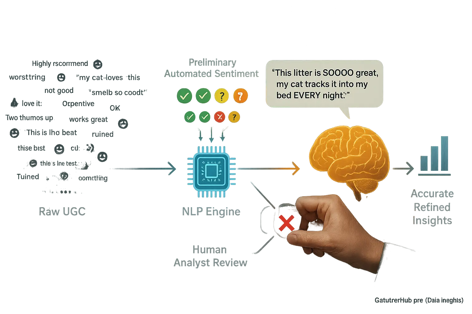 Algorithm icon and human brain icon collaborate; arrows show data flow from raw UGC to refined sentiment insights.