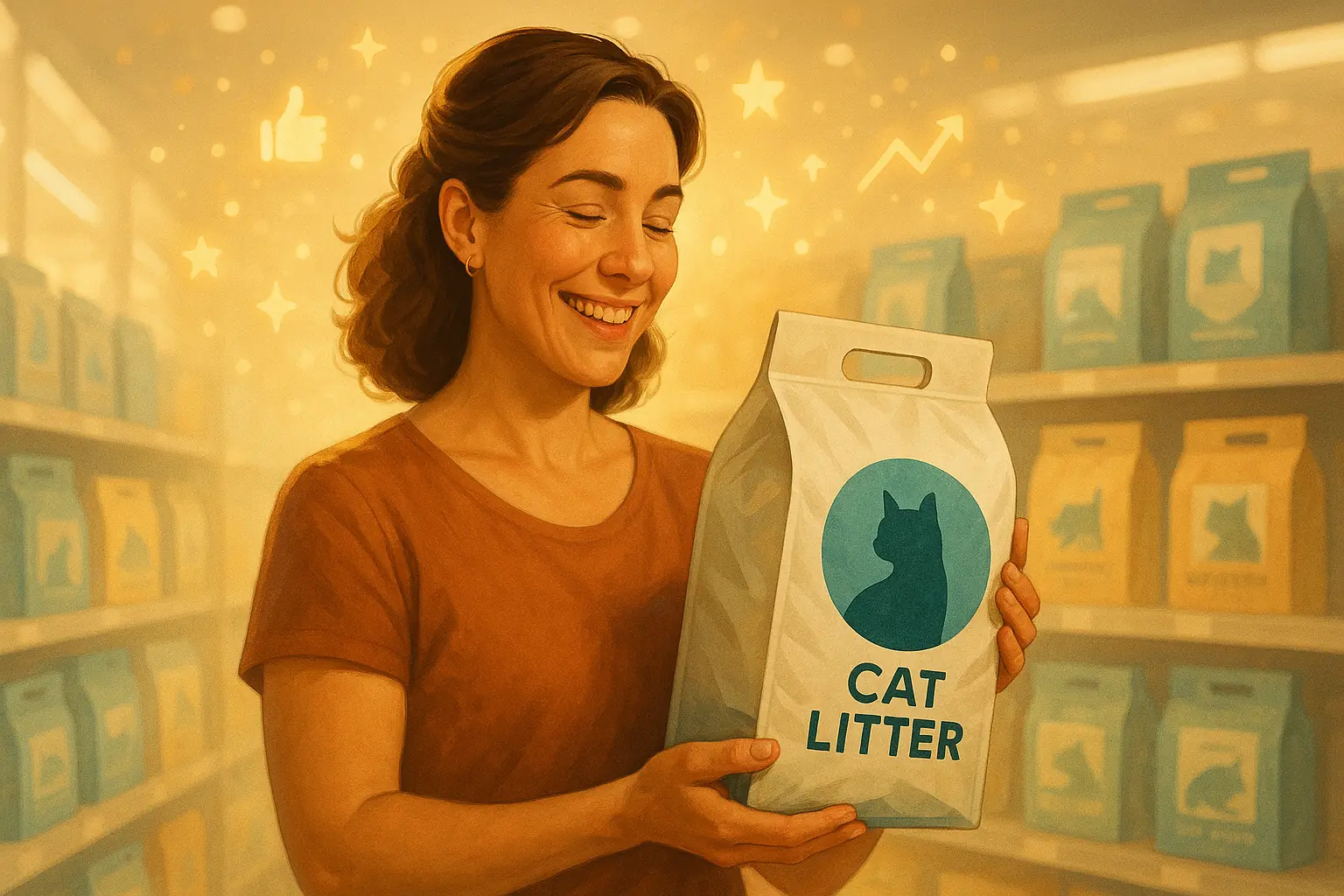 Happy, confident cat owner easily choosing litter, backed by subtle data charts and review icons.
