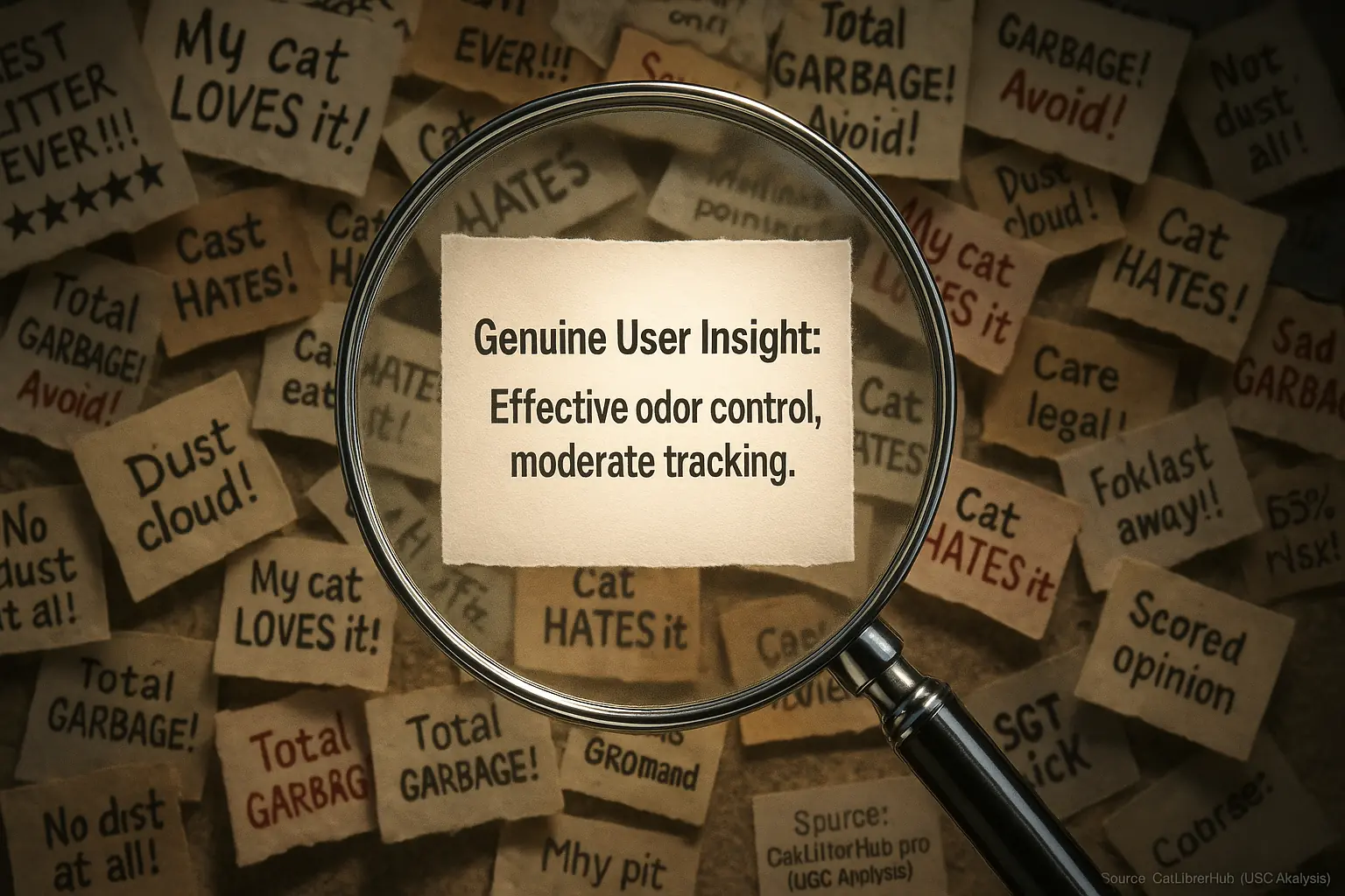 Magnifying glass extracts a genuine insight from chaotic reviews, showing the process of sifting UGC.