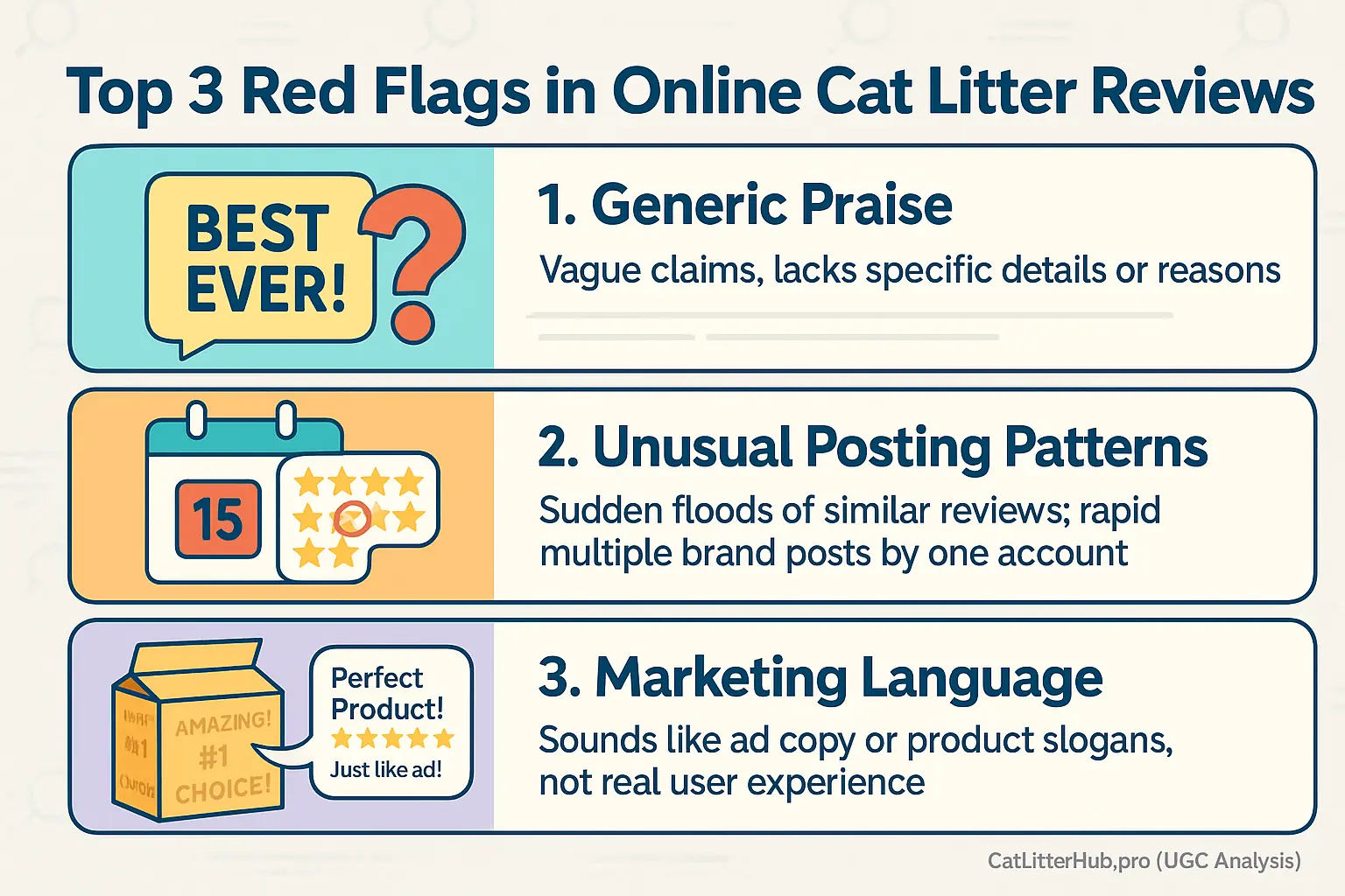 Infographic: Simple icons for top 3 red flags in cat litter reviews - generic praise, unusual patterns, marketing language.