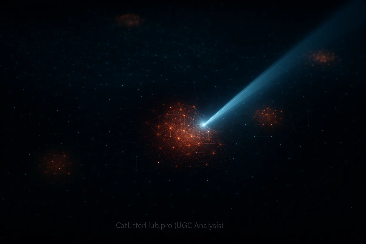 Analytical beam pinpoints suspicious review clusters and influencer nodes on a network graph.