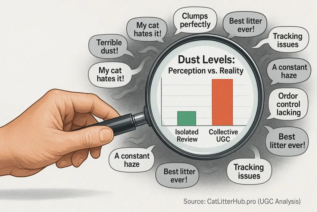 Magnifying glass in hand scrutinizes cat owner comments coalescing into a cat litter insight.