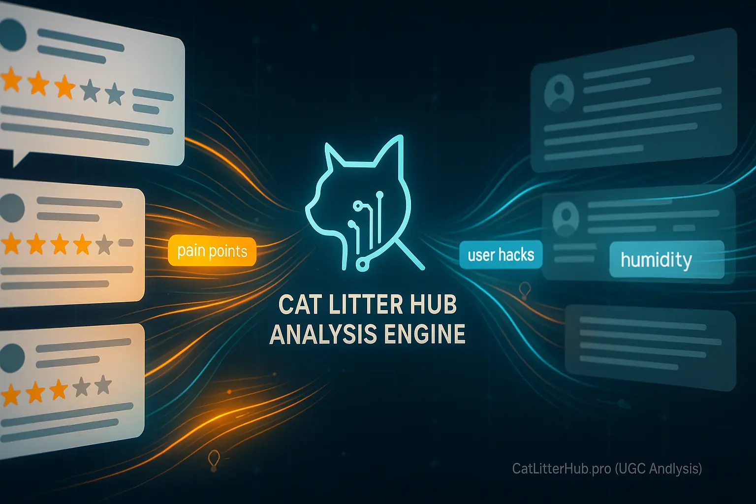 Data from e-commerce reviews & forums converges on Cat Litter Hub Analysis Engine icon.