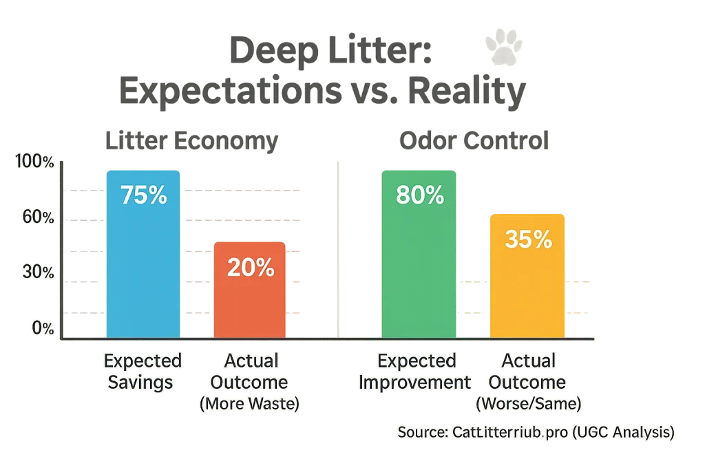 Bar chart: Expected vs. actual user-reported deep litter benefits (e.g., odor control), often showing lower real-world