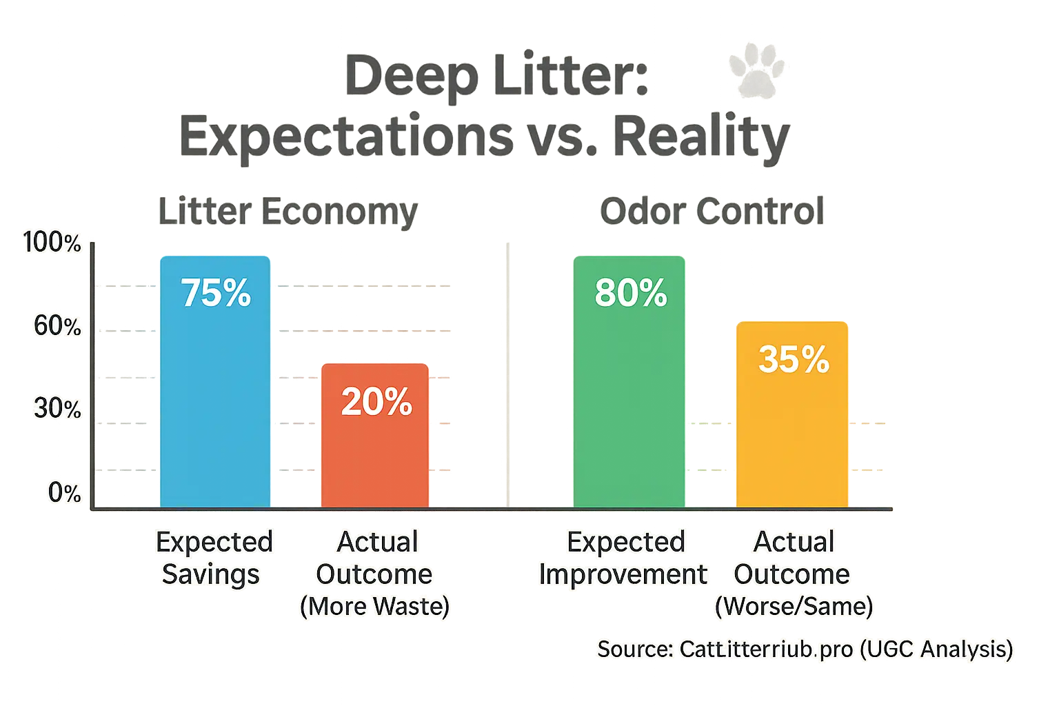Bar chart: Expected vs. actual user-reported deep litter benefits (e.g., odor control), often showing lower real-world