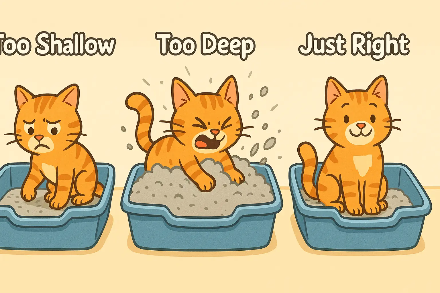 Cats in three litter boxes labeled 'Too Shallow' (unhappy), 'Too Deep' (messy), 'Just Right' (content).