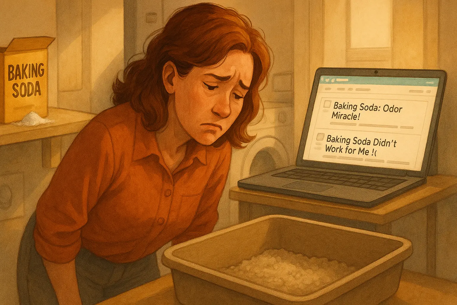 Frustrated cat owner eyes litter box, open baking soda nearby, researches odor solutions on laptop forum.