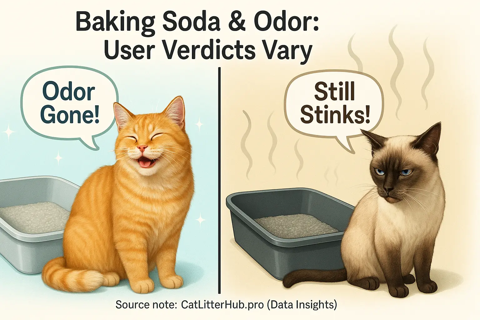 Split graphic: happy cat, 'Odor Gone!'; cat rejects box, 'Still Stinks!'. Illustrates varied user verdicts on baking soda