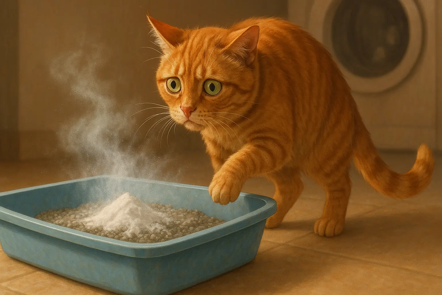 Cautious cat with lifted paw suspiciously inspects a dusty litter box.
