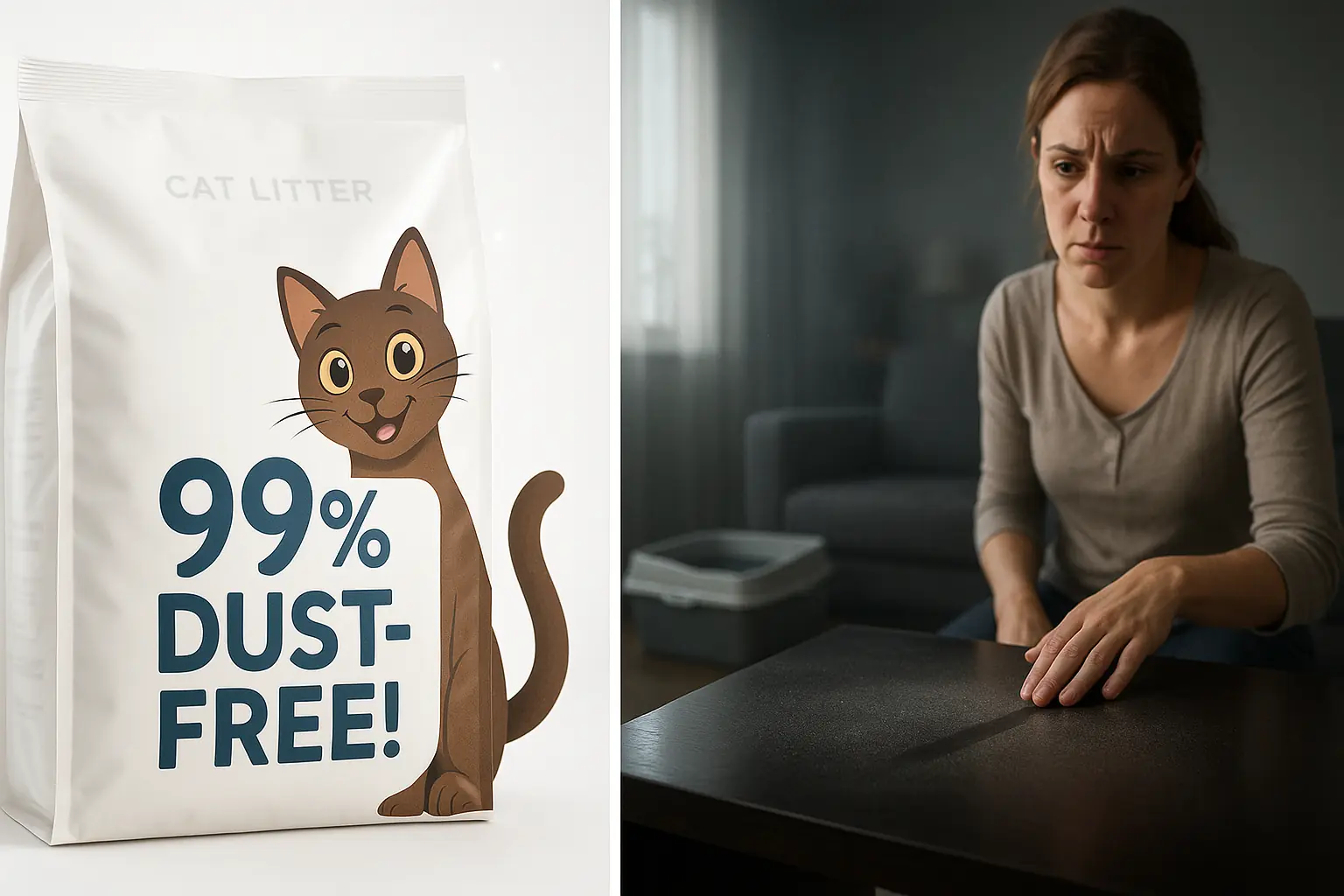 Split: Idealized &#x27;99% Dust-Free!&#x27; litter, happy cat. Right: Skeptical owner sees real dust in hazy home.