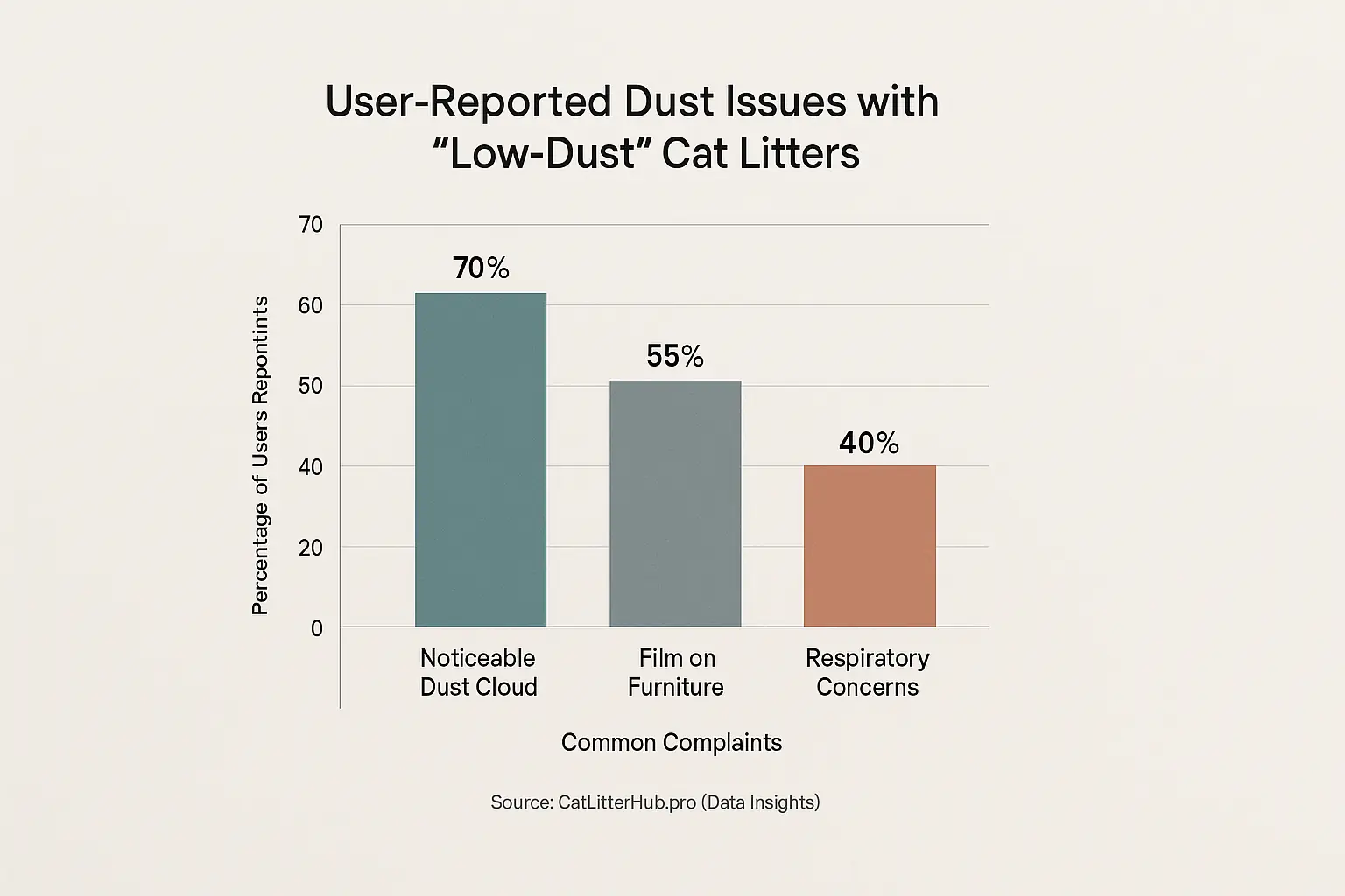 Infographic: User-reported issues with &#x27;low-dust&#x27; litters: Dust clouds 65%, furniture film 55%, respiratory concerns 40%.