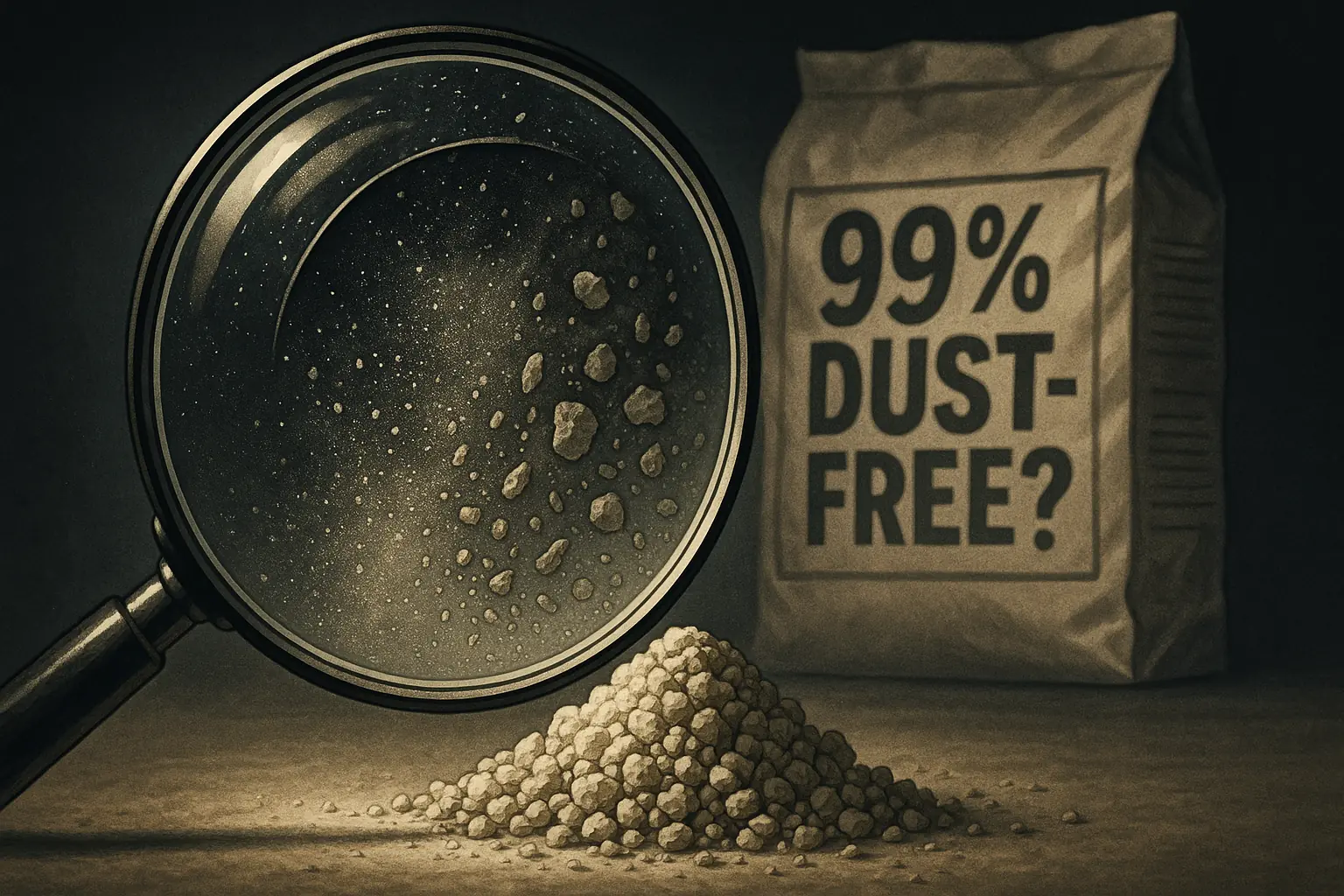 Magnifying glass reveals dust in cat litter, challenging &#x27;99% DUST-FREE?&#x27; claims and health stakes.