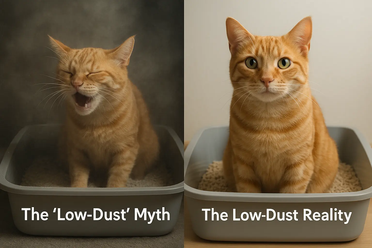 Side-by-side: Sneezing cat, dusty, hazy litter (&#x27;Low-Dust Myth&#x27;) vs. content cat, clean, clear-air litter (&#x27;Low-Dust