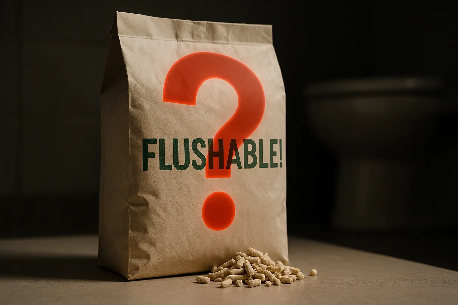Cat litter bag labeled &#x27;Flushable!&#x27; with a large question mark, questioning the product&#x27;s claim.