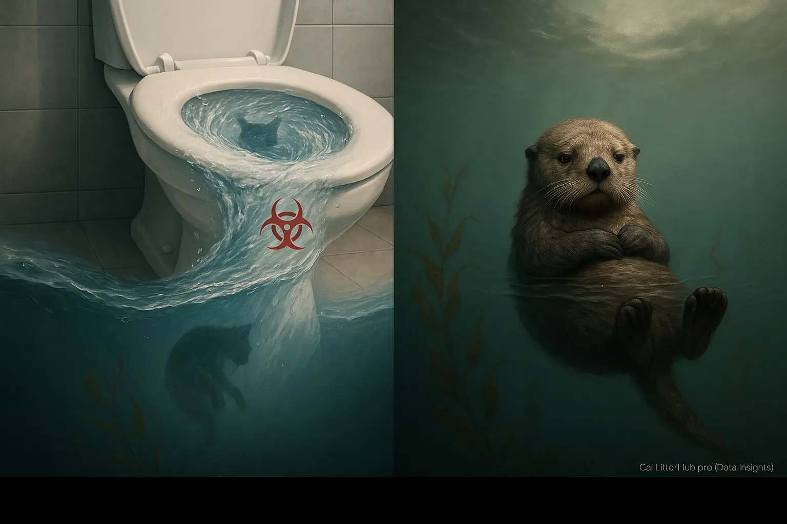 Toilet flushing; swirling water with faint cat &amp; biohazard symbol flows to ocean with a sad sea otter.