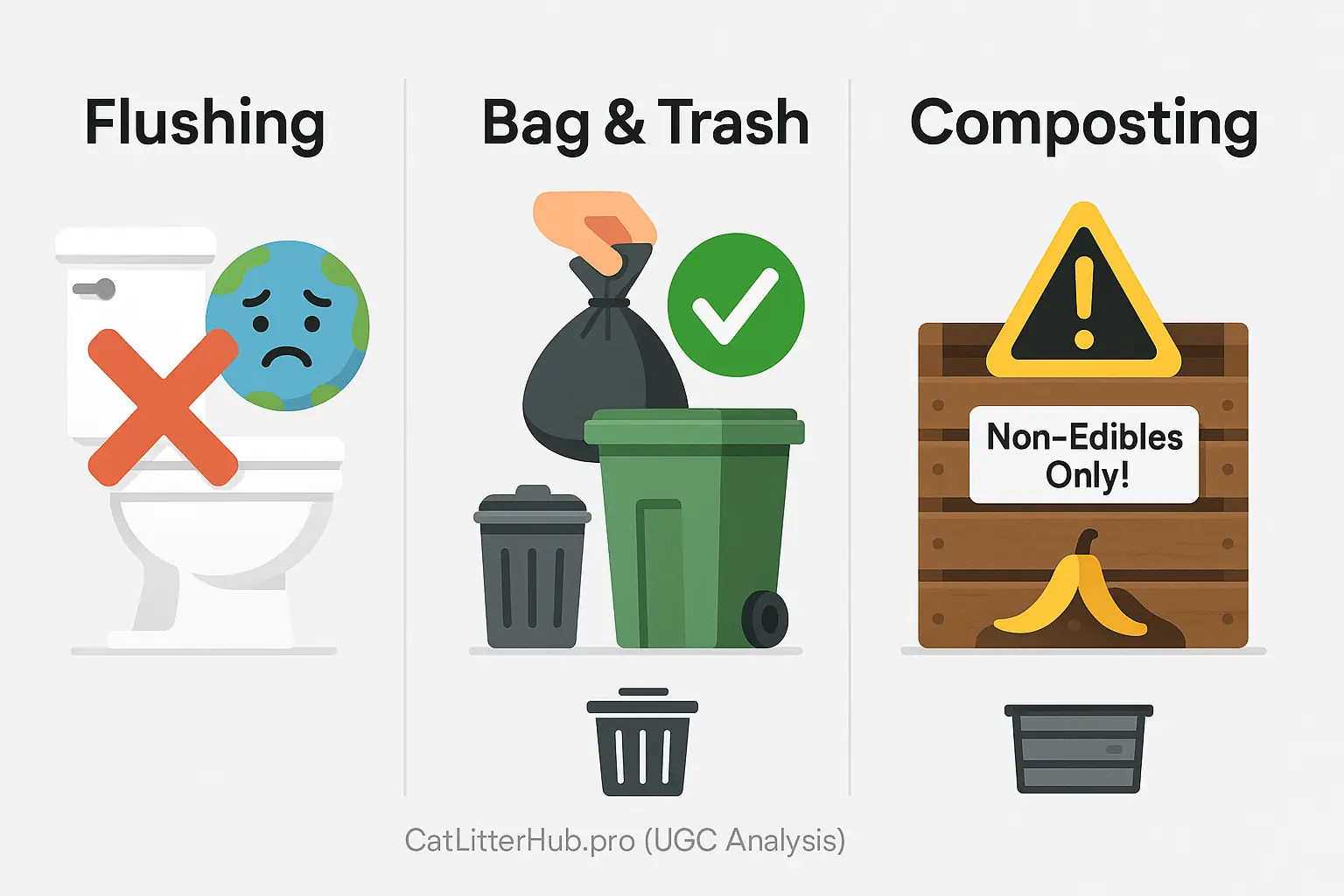 Infographic: Flush (red X, sad planet) bad. Bag/trash (green check, can) good. Compost (yellow caution, bin) non-edibles.