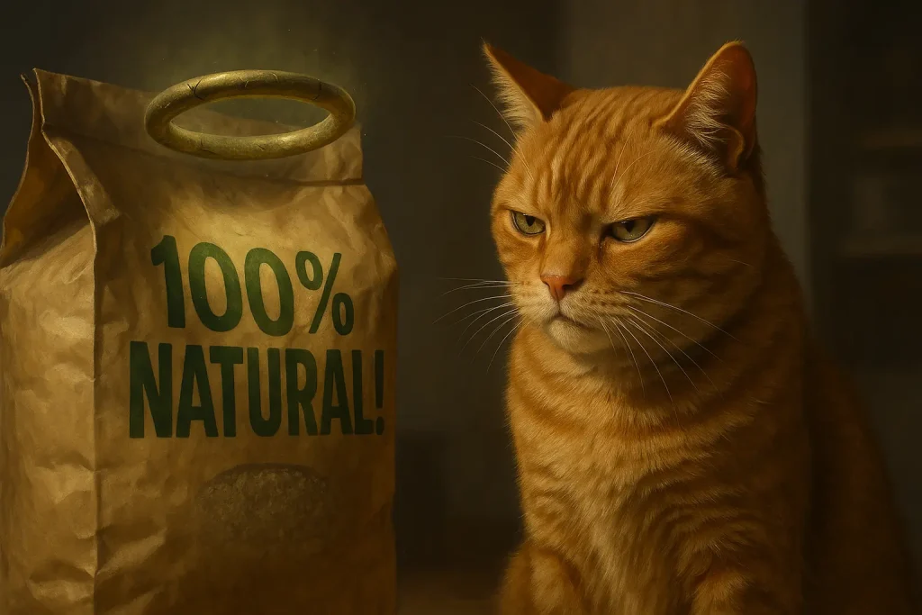 Skeptical cat eyes '100% Natural!' cat litter; a tarnished, cracked halo above questions its 'natural' promise.