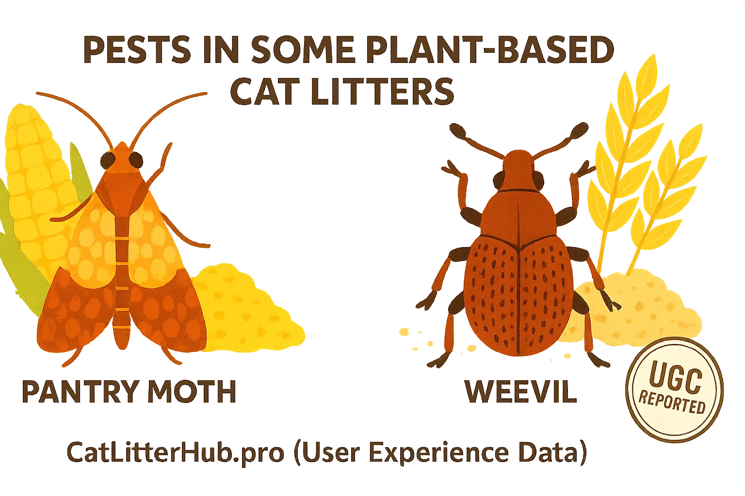Stylized pantry moth &amp; weevil, top pests in some natural litters, confirmed by &#x27;UGC Reported&#x27; stamp.