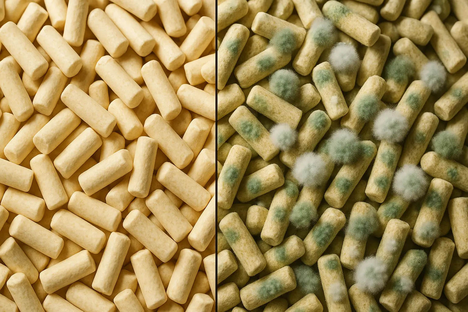 Stylized split: clean tofu litter pellets vs. pellets with subtle, artistic mold, highlighting natural litter spoilage.