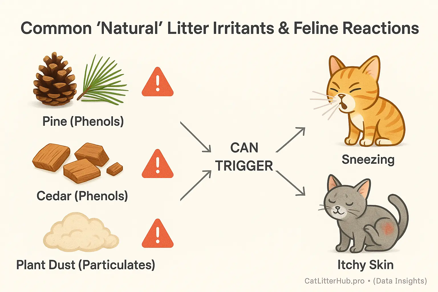 Mini-infographic: Pine, cedar, plant dust icons with allergy symbols, linked to sneezing &amp; itchy cat icons.