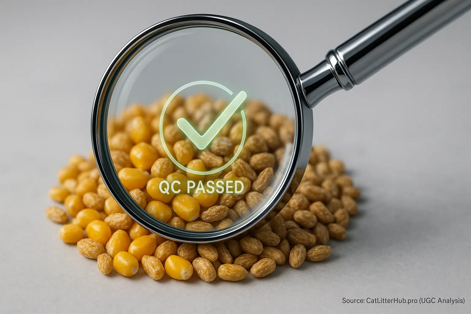 Magnifying glass inspects corn/wheat grains; a &#x27;QC Passed&#x27; checkmark signals successful quality screening.
