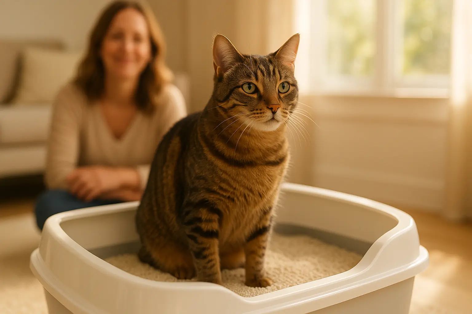Happy cat uses clean litter box. Owner smiles with satisfaction and peace of mind at cat&#x27;s evident well-being.