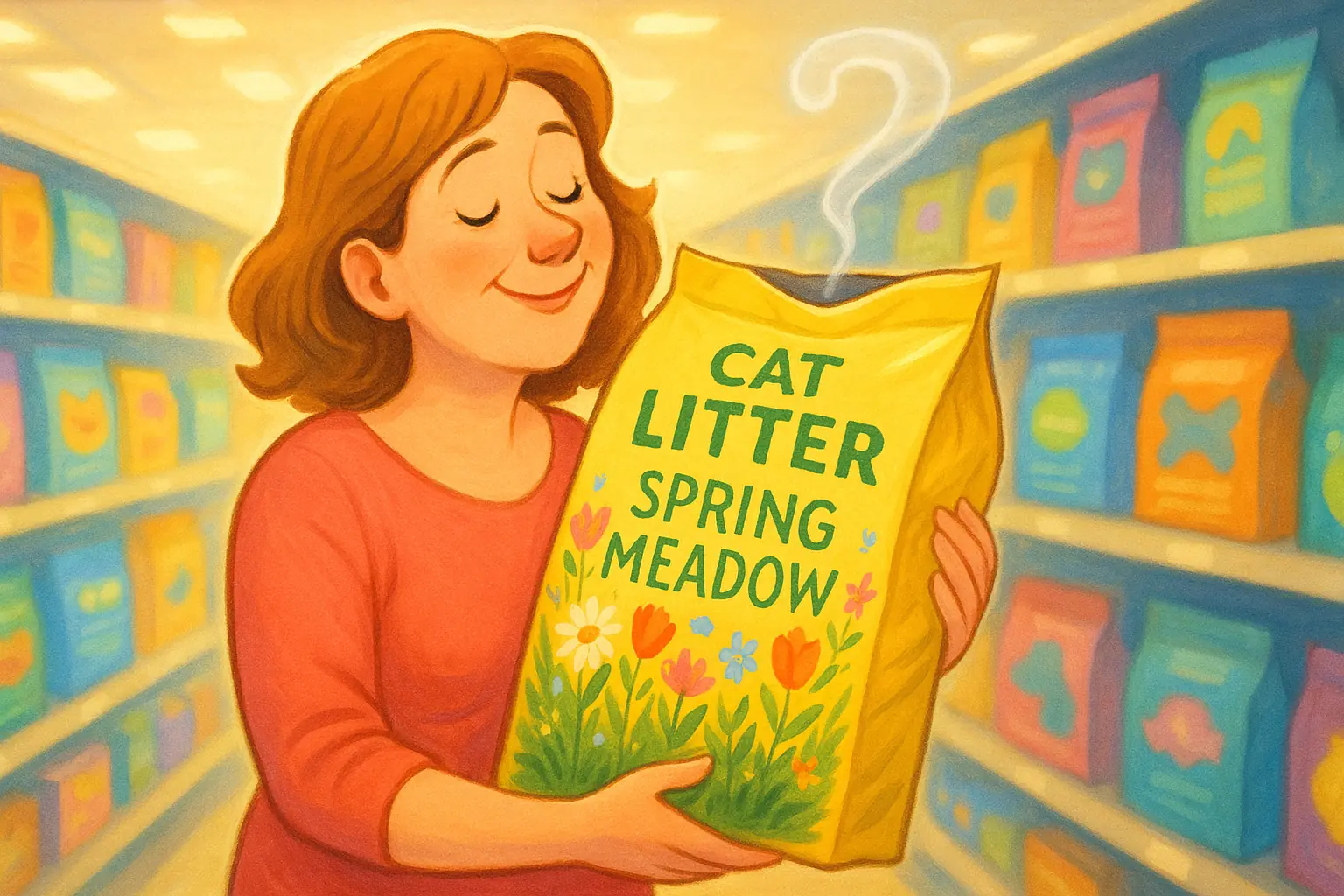 Pleased cat owner sniffs floral-themed litter. A subtle question mark in its scent hints at the deception of scented litters.