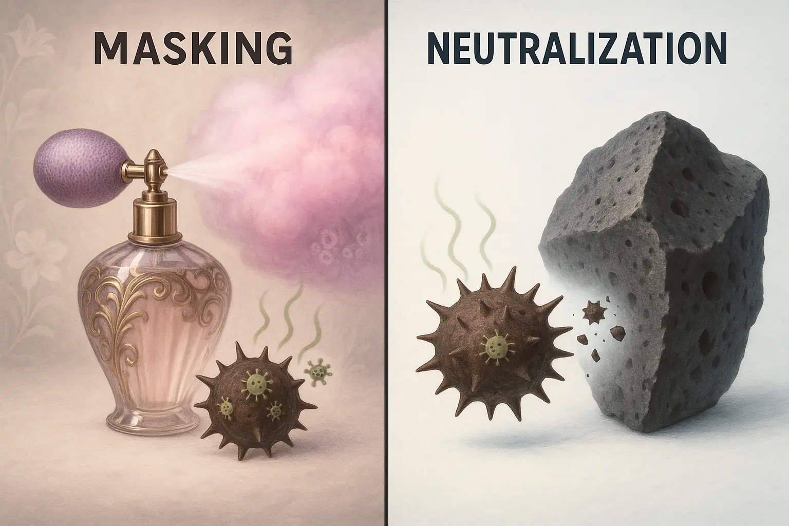 Perfume sprays cloud over intact odor particle; charcoal icon neutralizes second particle, causing it to disappear.