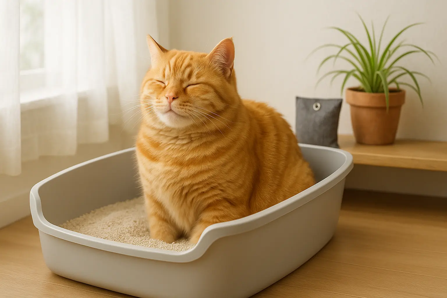 Happy cat comfortably uses its clean, unscented litter box in a naturally fresh home without artificial scents.