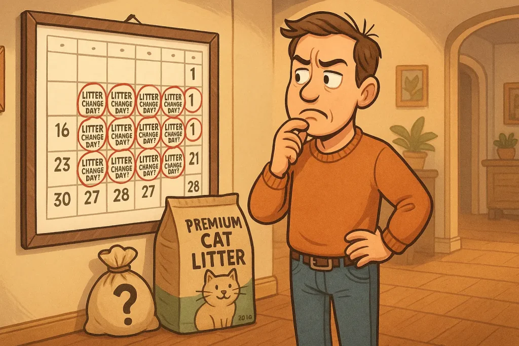 Cat owner skeptically views calendar's weekly litter change, pondering the rule's origin and cost.