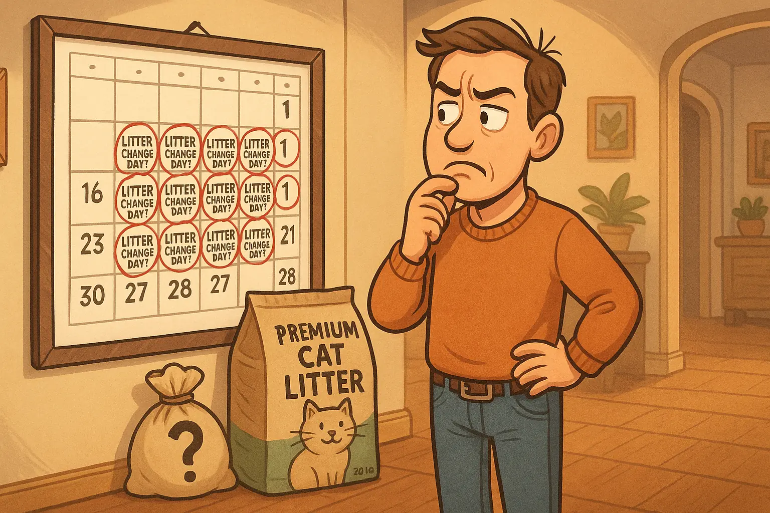 Cat owner skeptically views calendar's weekly litter change, pondering the rule's origin and cost.