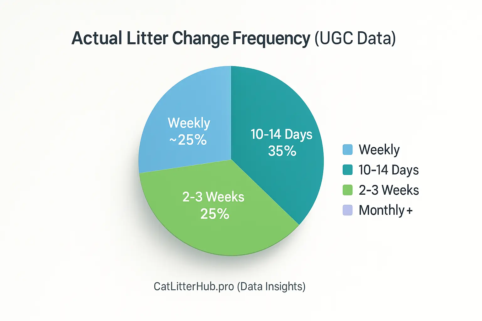 Actual Litter Change Frequency pie chart: 10-14 Days (35%, most common), Weekly (25%), 2-3 Wks (25%), Monthly+ (15%).