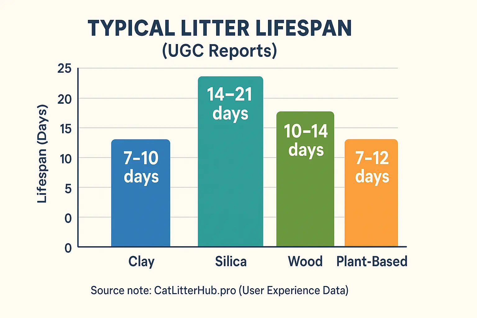 Bar chart: Litter lifespans (UGC). Silica longest (14-21 days); Wood 10-14, Plant 7-12, Clay 7-10.