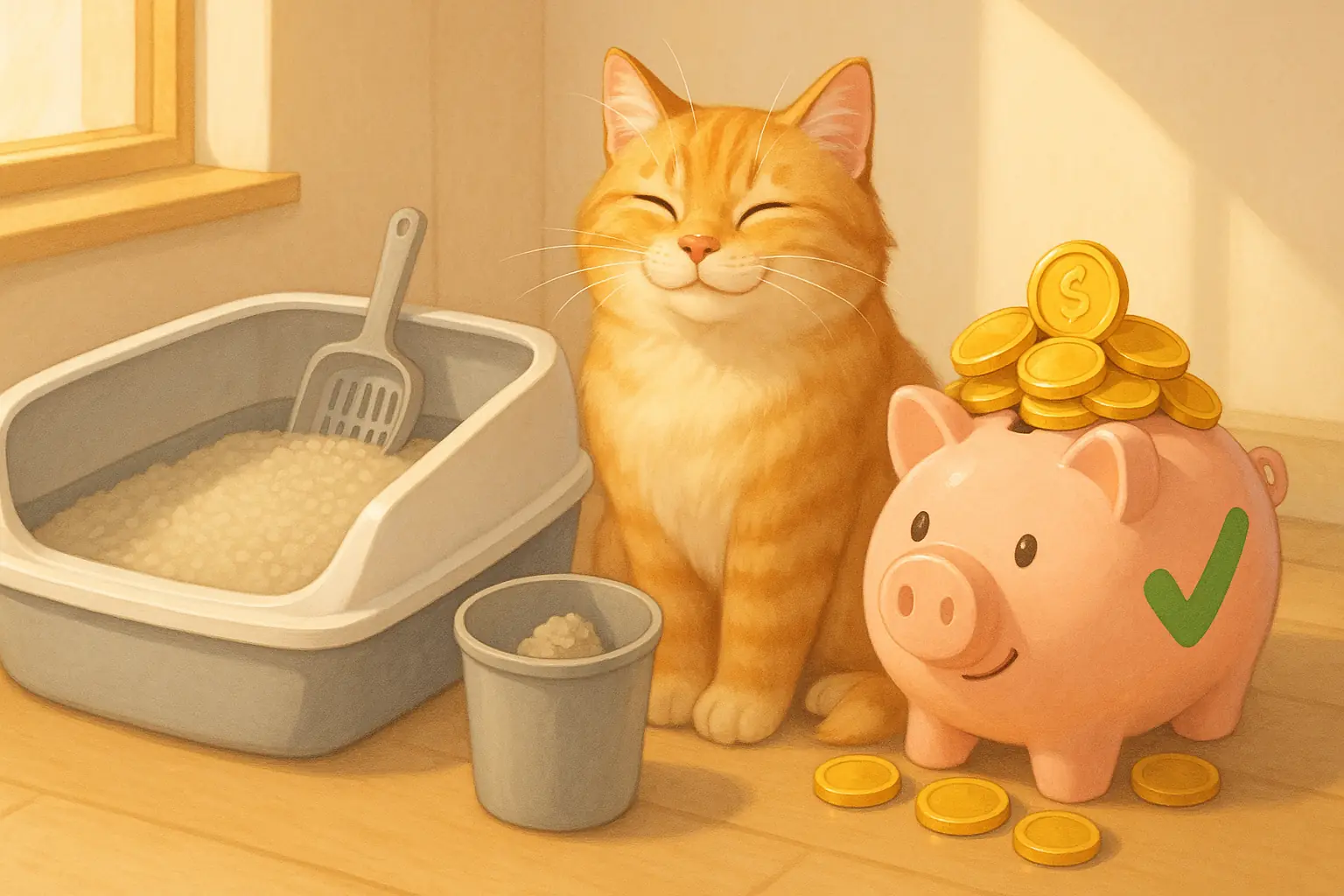 Relaxed cat, pristine litter box, piggy bank with sprout: smart strategies for litter savings.