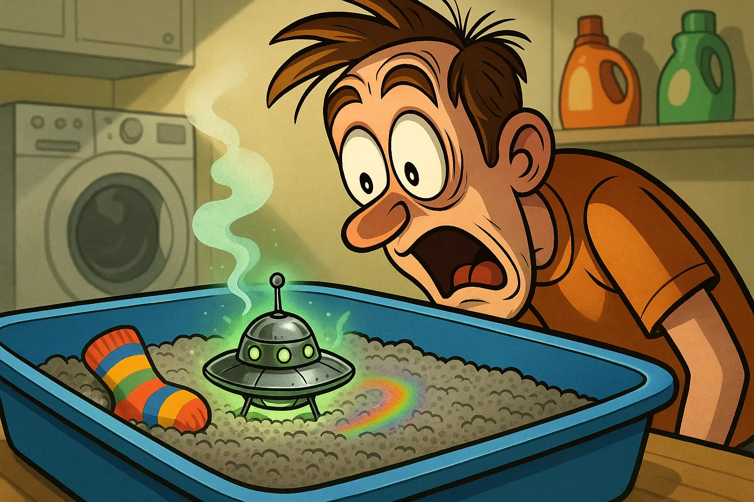 Humorous cartoon: Shocked owner peers into litter box as a tiny glowing spaceship emerges.
