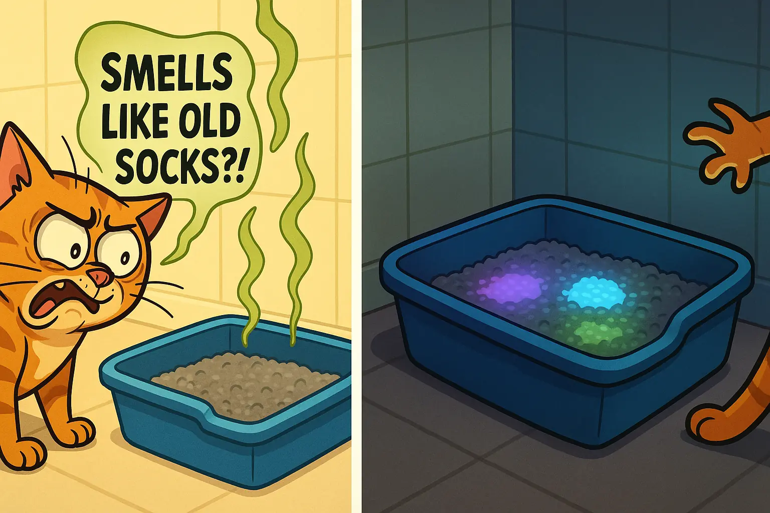 Split panel cartoon: Cat gags at litter labeled 'Smells like old socks?'; other litter glows with weird colors.