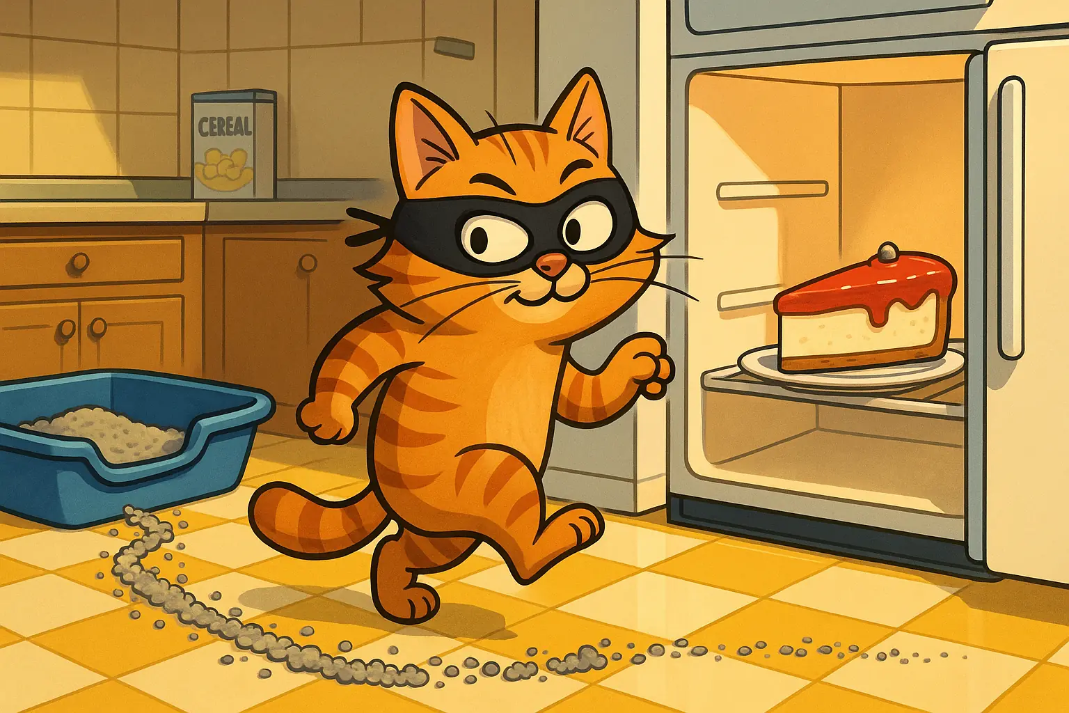 Funny cartoon: Bandit cat tiptoes from litter box, a bizarre litter trail leading to cake in fridge.