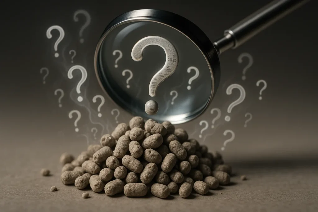 Magnifying glass over paper cat litter pellets, question marks symbolizing investigation into unknown recycled contents.