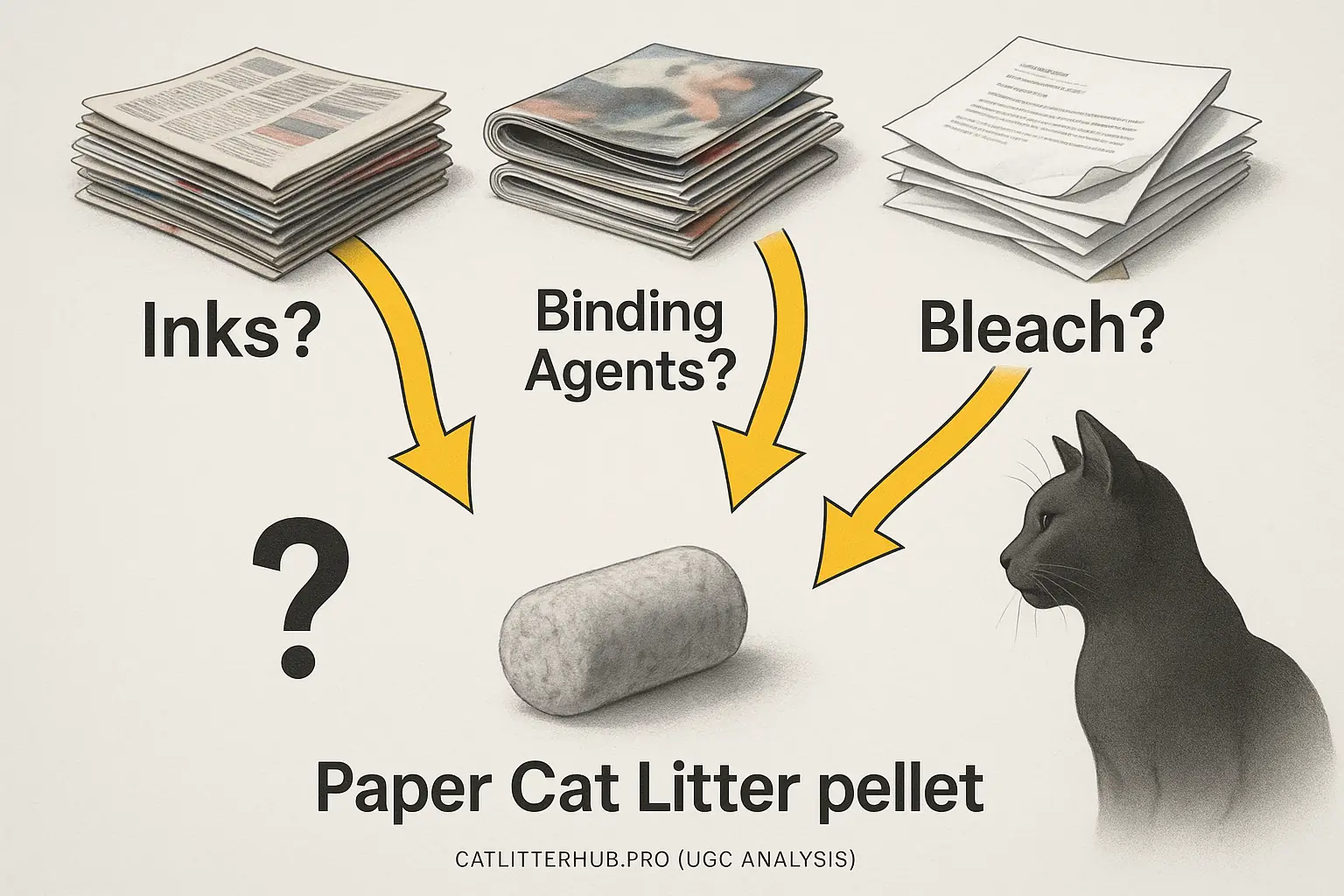 Concern over inks, bleach, glues from paper (news, mags, office) potentially in cat litter. Cat silhouette looks on.
